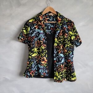 Vintage Notations Shirt Women’s Large Black Butterfly Button Up Short Sleeve Top